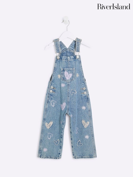 River Island Blue Girls Denim Heart 100% Cotton Dungaree (F34222) | £22