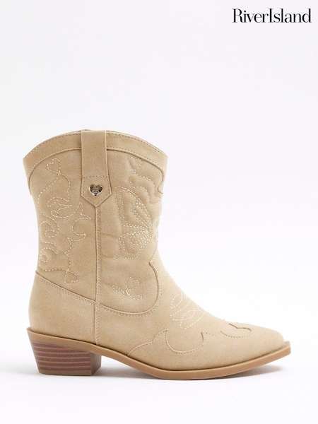 River Island Beige Girls Suede Western Boots (F34236) | £32