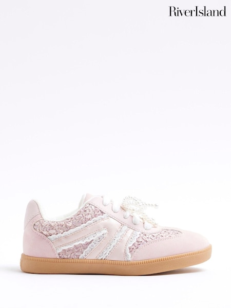 River Island Pink Girls Raffia Pearl Trainers (F34287) | £22