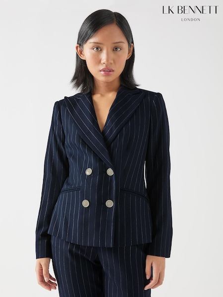 LK Bennett Blue Petite Baxtor Blue & Navy Wool Blend Pin Stripe Jacket (F34334) | £349
