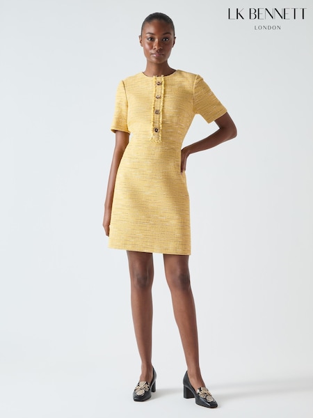 LK Bennett Yellow Varley Cotton Blend Tweed Mini Dress With Button Detail (F34345) | £349