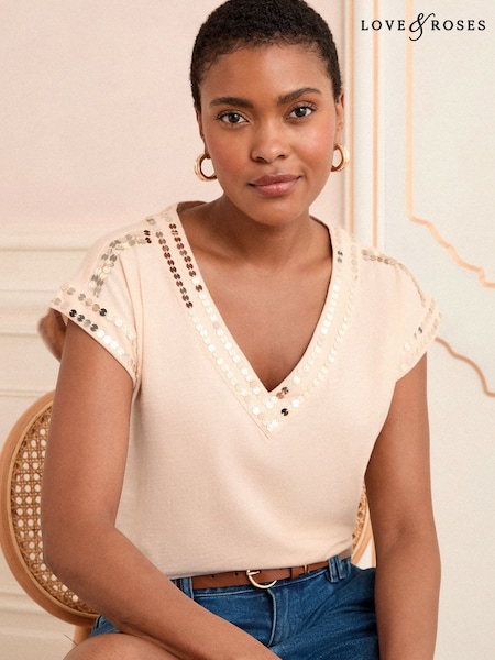 Love & Roses Cream Sequin Trim V-Neck Jersey T-Shirt (F34348) | £25