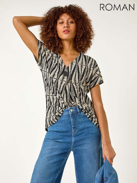 Roman White Abstract Print Front Pleat Stretch Top (F34376) | £40