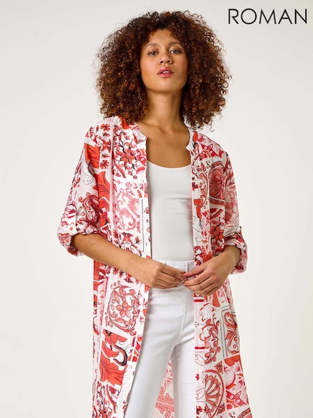 Roman Red Tile Print Longline Blouse (F34377) | £42
