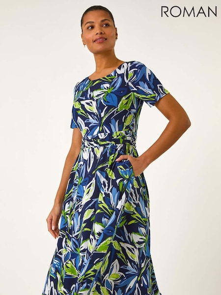 Roman Blue Leaf Print Gathered Midi Dress (F34383) | £50