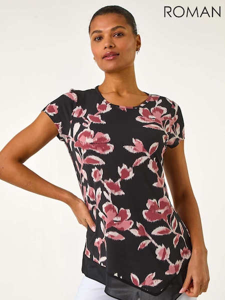 Roman Pink Abstract Print Chiffon Hem Tunics Top (F34385) | £32