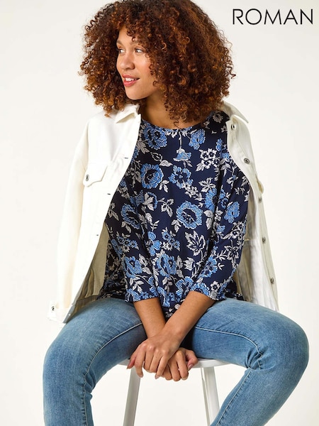 Roman Blue Floral Print Jersey Top (F34413) | £32