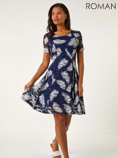 Roman Blue Leaf Print Lace Stretch Dress (F34417) | £48