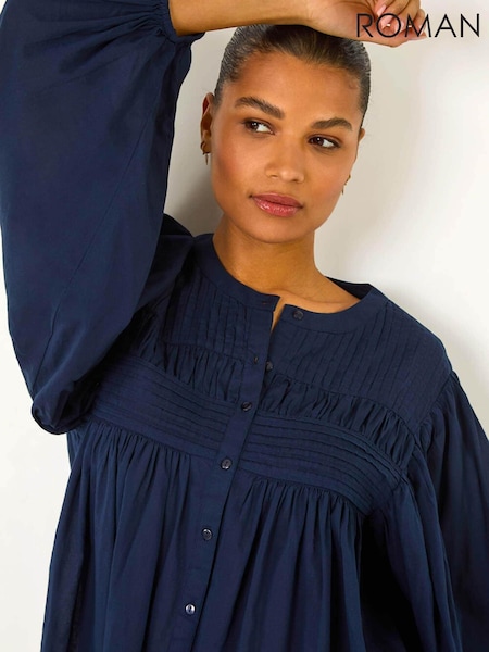 Roman Blue Pleat Detail Button Through 100% Cotton Blouse (F34428) | £40