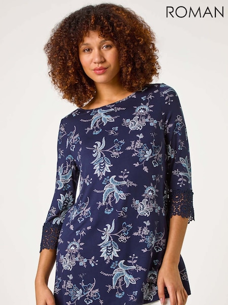 Roman Blue Floral Pint Lace Cuff Jersey Top (F34434) | £36