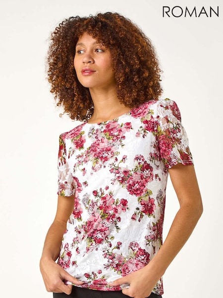 Roman Red Floral Print Lace Top (F34439) | £36