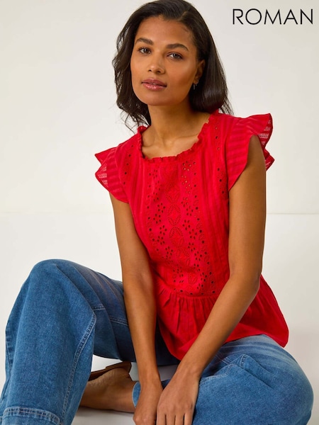 Roman Red Broidery Frill Sleeve 100% Cotton Top (F34440) | £32