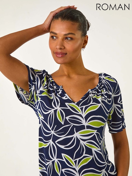 Roman Green Textured Leaf Print V-Neck Stretch Top (F34441) | £32
