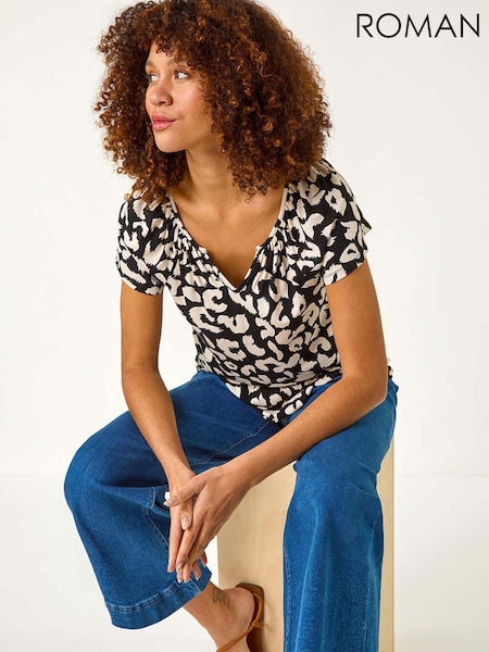 Roman Black Animal Print V-Neck Stretch Top (F34447) | £32
