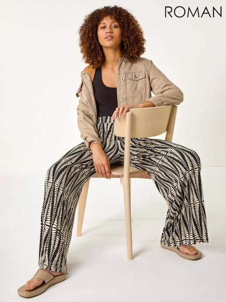Roman Black Mono Print Wide Leg Stretch Trousers (F34463) | £32