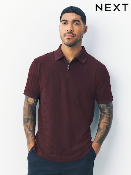 Burgundy Red Regular Fit Smart Quarter Zip Polo Shirt (F34473) | £30