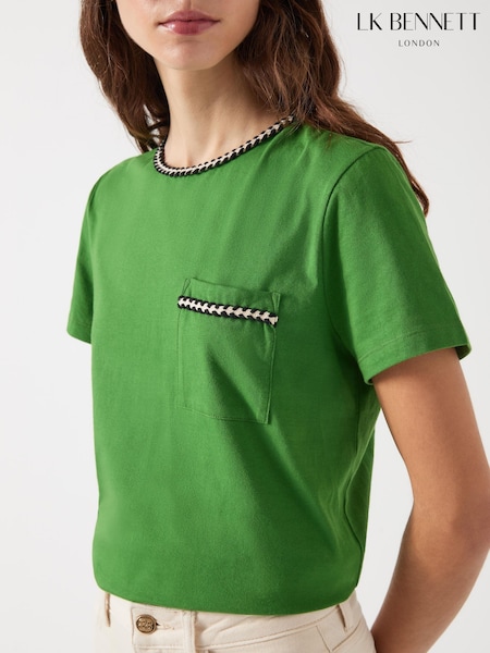 LK Bennett Green Vita Treetop Cotton Plaited Trim 100% Cotton T-Shirt (F34478) | £69