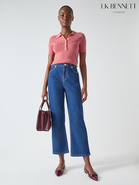 LK Bennett Pink Fiona Blush Cotton Blend Collar Stripe Floral Print Knit Top (F34482) | £149