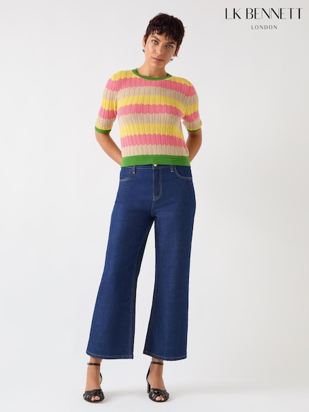 LK Bennett Green Cinzia Treetop Multicoloured Cotton Blend Zig Zag Pointelle Knit Top (F34483) | £149