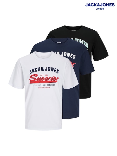 JACK & JONES Junior Blue 100% Cotton Logo Short Sleeve T-Shirts 3 Pack (F34485) | £28