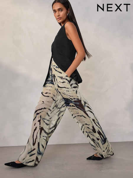Ecru Zebra Print Sheer Wide Leg Trousers With Shorts Lining (F34487) | £48