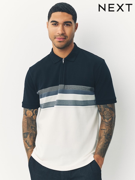 Black/White 100% Cotton Short Sleeve Zip Neck Block Polo Shirt (F34506) | £32