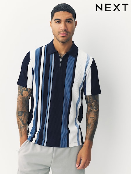 Blue Navy Vertical Stripe Quarter Zip Polo Shirt (F34516) | £32