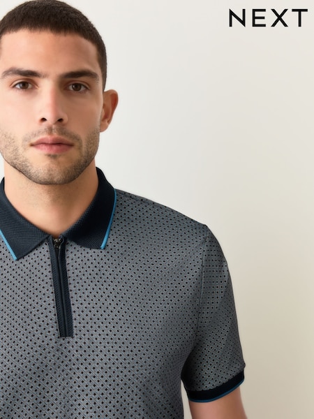 Blue Navy Geo Short Sleeve Print Polo Shirt (F34537) | £28
