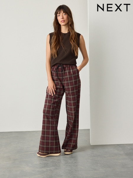 Burgundy Red Pull On Wide leg Check Trousers (F34565) | £36