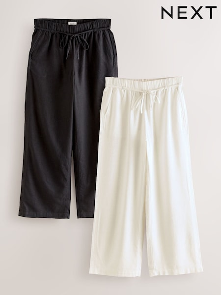 Black/White Tie Waist Wide Leg Linen Blend Trousers 2 Pack (F34572) | £58