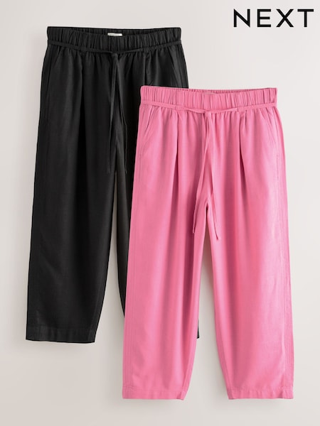 Black/Pink Tie Waist Barrel Leg Linen Blend Trousers 2 Pack (F34579) | £50