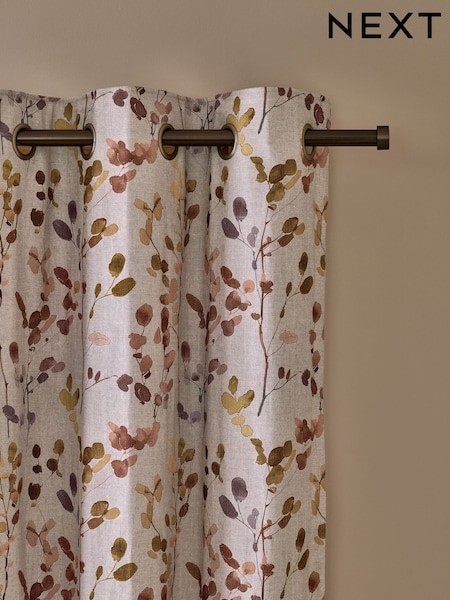 Natural/Orange Honesty Leaf Floral Print Blackout/Thermal Eyelet Curtains (F34678) | £50 - £110