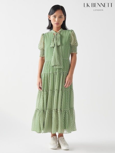 LK Bennett Green Petite Petite Coco Treetop Birch Tie Neck Georgette Dress (F34690) | £299