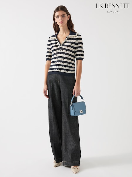 LK Bennett Black Charlee Spring Cotton Stripe Scallop Trim Knit Top (F34711) | £149