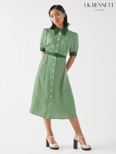 LK Bennett Green Petite Val Petite Treetop Birch Viscose Printed Viscose Shirt Dress With Belt (F34719) | £299