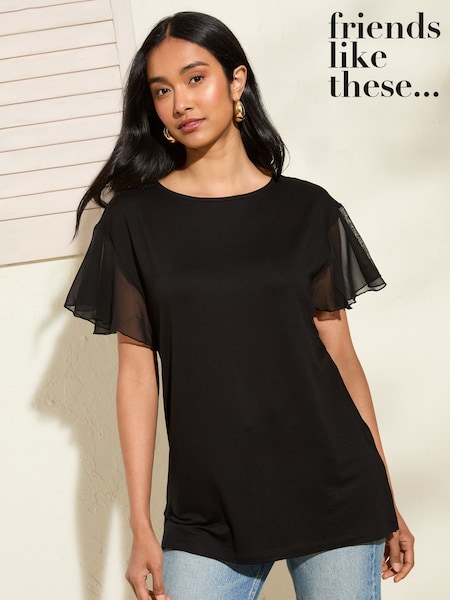 Friends Like These Black Short Sleeve Flutter Trim Tunic (F34845) | £24
