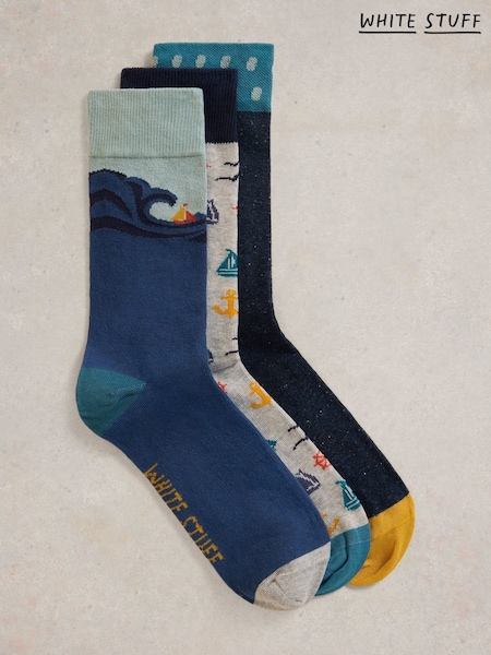 White Stuff Blue Sail Away Socks 3 Pack (F34965) | £15