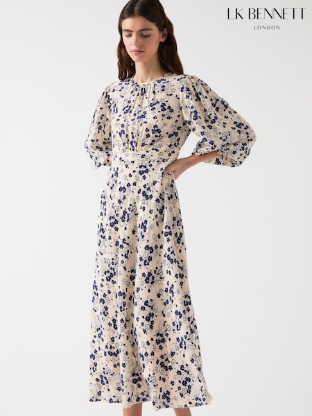 LK Bennett Cream Lois & Spring Viscose Blend Silk Viscose Print Full Sleeve Dress (F35030) | £399