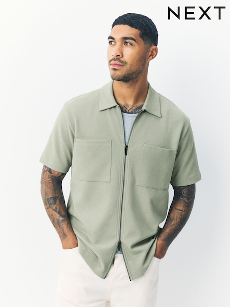 Sage Green Textured Zip Through Polo Shirt (F35240) | £28