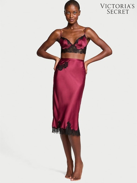 Victoria's Secret Campari Red Satin Lace Trim Bralette and Skirt Set (F35251) | £75