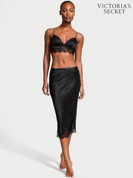 Victoria's Secret Black Satin Lace Trim Bralette and Skirt Set (F35252) | £75