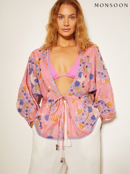 Monsoon Pink Mabel Shell Print 100% Cotton Kaftan Top (F35277) | £59