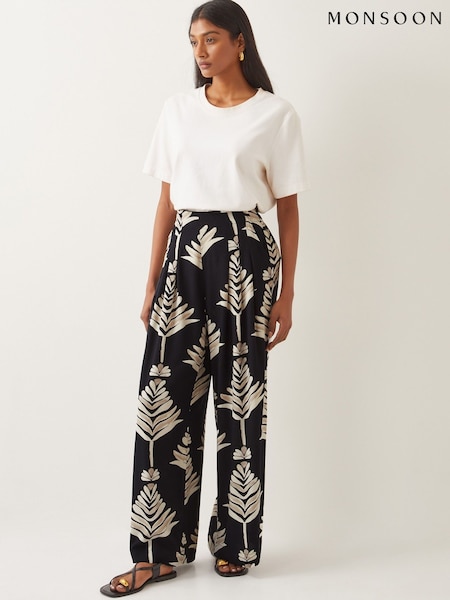 Monsoon Black Pamela Leaf Print Wide Leg Trousers (F35278) | £59