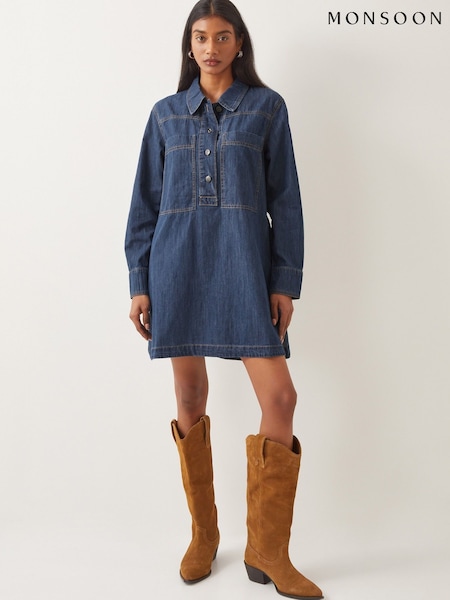Monsoon Blue Nara Denim Tunic Shirt 100% Cotton Dress (F35285) | £75