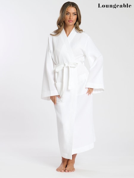 Loungeable White Maxi Length Waffle Kimono 100% Cotton Robe (F35344) | £45