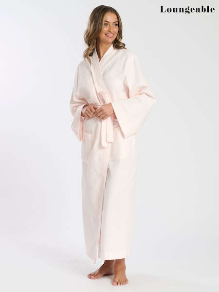 Loungeable Pink Maxi Length Waffle Kimono 100% Cotton Robe (F35347) | £45