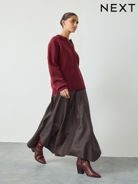Chocolate Brown Faux Leather Asymetric Hem Midi Skirt (F35359) | £49