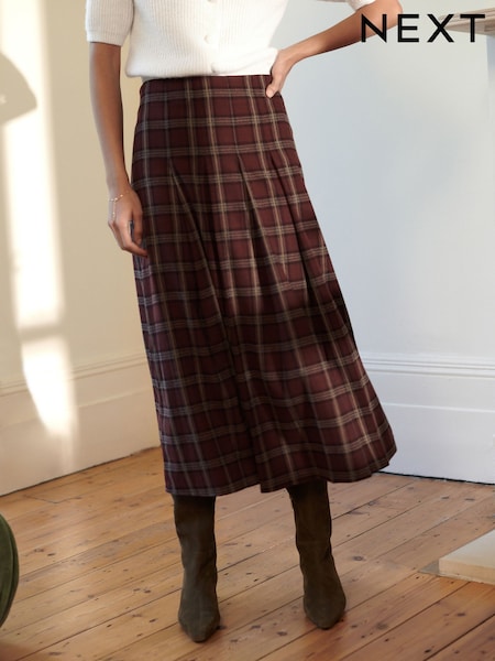 Burgundy Red Check Kilt Maxi Skirt (F35361) | £46