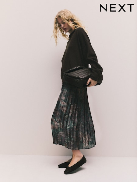 Chocolate Brown Floral 2-In-1 Knitted Jumper with Pleated Midi Skirt (F35435) | £79