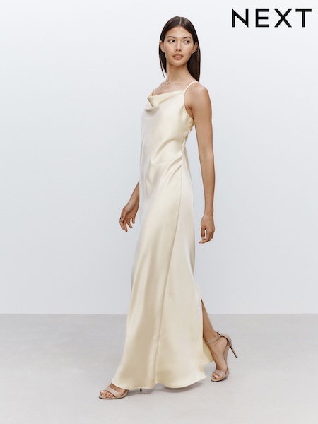 Champagne Gold Bridesmaid Satin Cowl Neck V-Back Maxi Dress (F35441) | £65